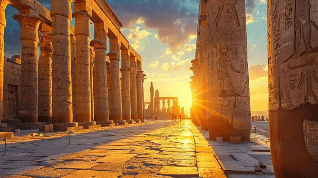 Ancient columns of Luxor Temple on the East Bank of the Nile River