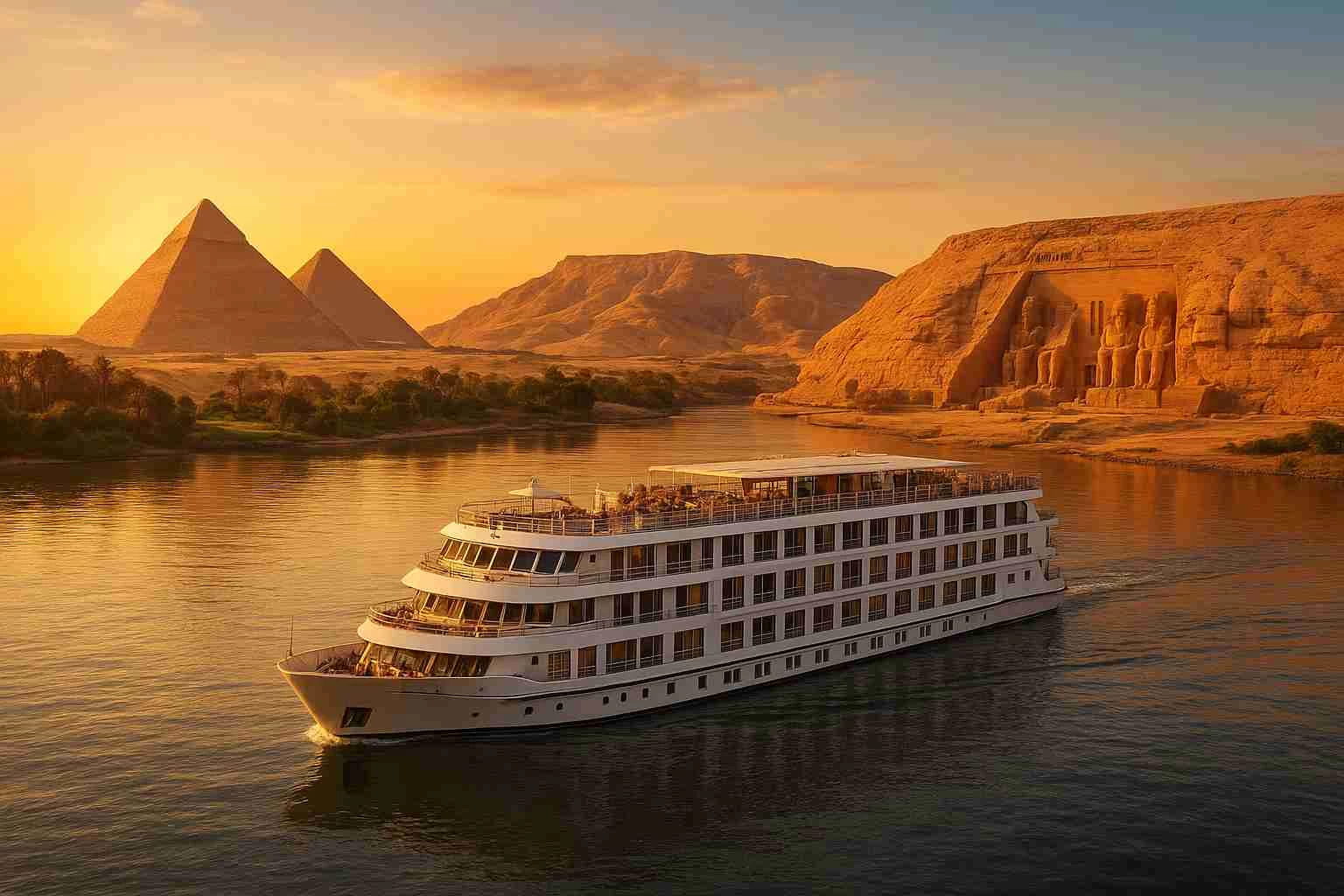 5-star luxury Nile cruise ship sailing at sunset between Aswan and Luxor, Egypt- 7 Day Egypt Nile Cruise Tour from Cairo | Private Guided Itinerary